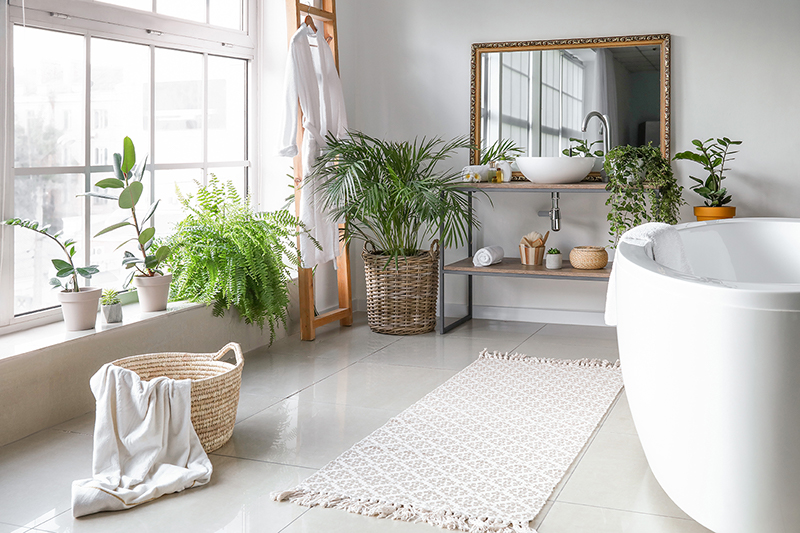 Stylish Interior Of Bathroom With Green Houseplants Small